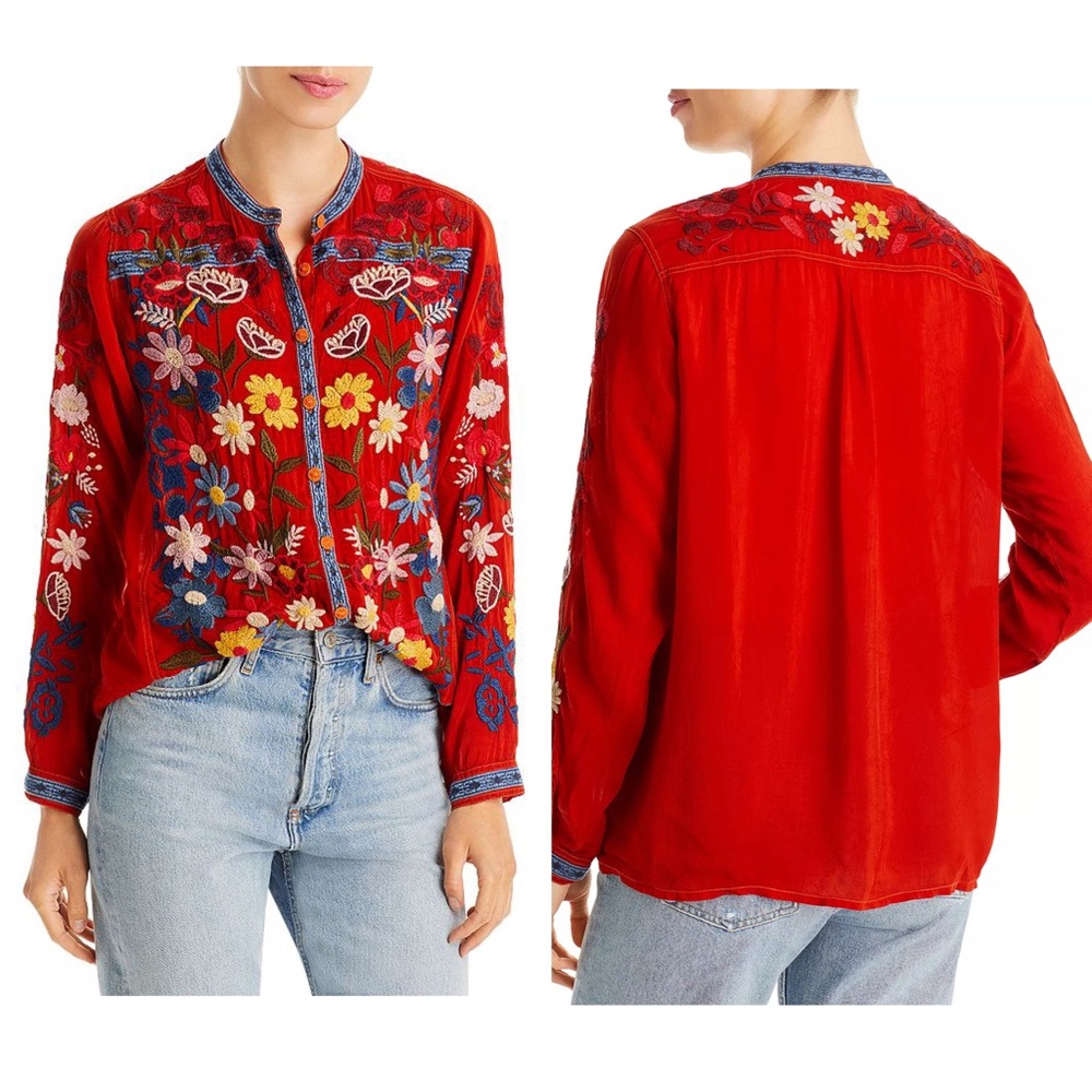 (JW148) Johnny Was Edie Floral-Embroidered Button-Down Blouse